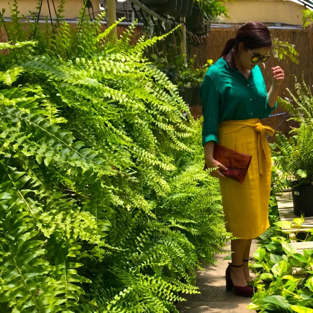 Mustard yellow midi skirt with bow